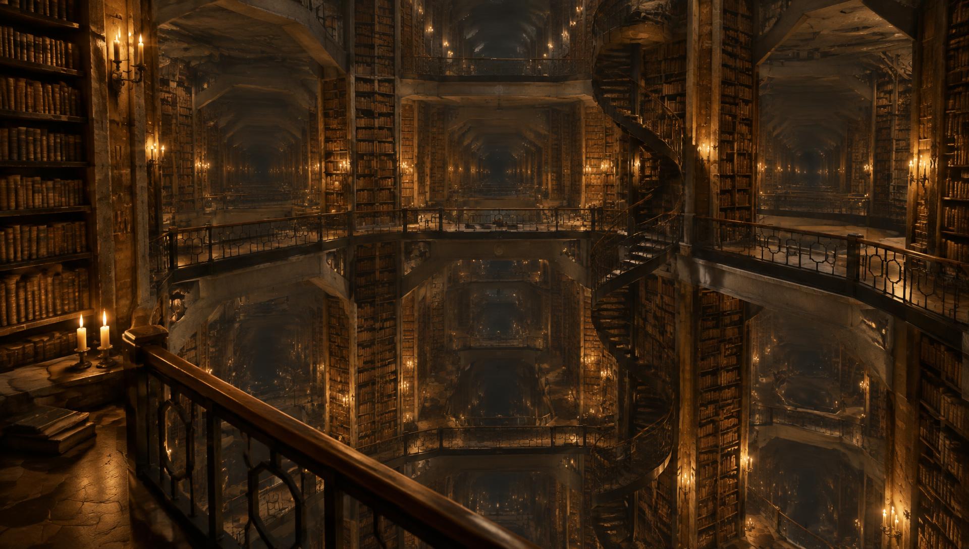 Endless hexagonal galleries of the Library of Babel lit by candles